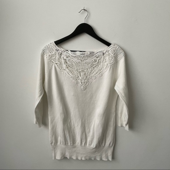 White Lace V Detail 3/4 Sleeve Boat Neck Knit Sweater - Picture 2 of 6